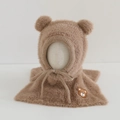 Detail of soft faux mink fur bear ears hood with delicate bear embroidery on the scarf - 3-8 Years / Brown