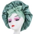 Sage green satin sleep cap for women featuring an adjustable bow tie and wide elastic band - One Size / Grass Green