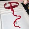 Vintage burgundy butterfly pearl choker with crystal floral center and elegant bead tassels - Red Satin Flower Pearl Tassel Choker