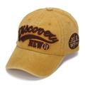 Detail of mustard yellow washed cotton baseball cap with 3D embroidery and compass patch - One Size(Adjustable) / Yellow