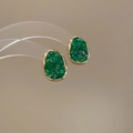 Green resin floral earrings with gold metal trim in an irregular oval design - 110# Silver Pin - Gold Green