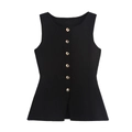 Detail of black knit vest featuring decorative golden buttons and fine ribbed texture - S / Black