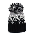 Bonnet en tricot femme noir blanc gris avec motifs géométriques et pompon sur le dessus - Réglable / Noir + Gris