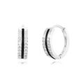 Close-up of silver huggie hoop earrings with black enamel inlay and micro-pave white zircons - Black Enamel Double Row Zircon Hoops / Silver