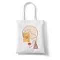 White canvas tote bag featuring modern abstract face line art with yellow and pink accents - Style B (Yellow Geometric Face)