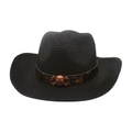 Sombrero de vaquero de paja tejida negra con calavera de bronce y banda de cuero - Negro