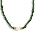Collier en perles de cristal vert avec une grande perle baroque blanche et billes dorées - Vert Foncé Transparent