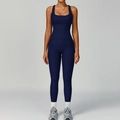 Dark blue ribbed yoga set featuring a square neck tank top and high waist leggings - S / Vest + Trousers / Navy Blue