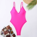 Deep V-neck fluorescent pink one-piece swimsuit with high-cut leg on summer background - Rose Red