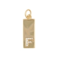 Close-up of golden rectangular pendant featuring zircon letter F on a white background - Letter F