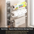 Grey wall-mounted kitchen organizer with three tiers for paper towels and wrap - Square Base Triple Rod with Hooks / Gunmetal