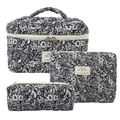 Three-piece quilted cotton makeup bags set in navy blue floral print pattern - Black Rose Pendant