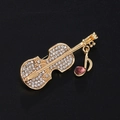 Elegant gold violin brooch featuring white rhinestones and a purple gem music note pendant - Pave Violin Gold (XD7981-1)