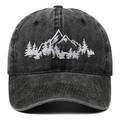 Berretto da baseball grigio scuro lavato con ricamo di montagne e foresta alpina - Taglia Unica(Regolabile) / Nero
