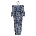 Detail of blue and white printed halter dress with pleated texture and batwing sleeves - One Size / Navy Blue Cover-Up