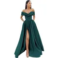 Elegant off-shoulder emerald green satin long dress with high slit and waist cinch - US 2 / Teal
