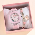 Rosa LED Silikonarmbanduhr mit Perlenarmband Set in einer rosa Geschenkbox - Rosa Uhr + Armband