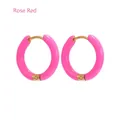 Close-up of 12mm rose red enamel hoop earrings in polished gold-plated finish - Rose Red