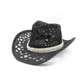 Cappello da cowboy in paglia nera traforata da donna con fascia in conchiglie e tesa curva - M (56-58cm) / Nero