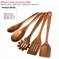 Acacia wood 5-piece kitchen utensil set with hanging holes on white background - Confusa Acacia 5-Piece Set / Approx. 450g
