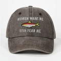 Vintage washed baseball cap with Women Want Me Fish Fear Me embroidery and fish graphic - Coffee
