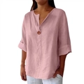 Camicia in lino rosa da donna con scollo a V, vestibilità ampia e dettaglio bottone singolo - 3XL / Rosa (8001# Stile Manica 3/4)