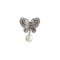 Broche de mariposa plateado con diamantes de imitación, esmalte y una perla colgante - Mariposa de Perlas con Diamantes de Imitación Completos y Borde Negro