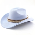Detail view of baby blue suede western cowboy hat with decorative ethnic braided band - M (56-58cm) / Light Sky Blue