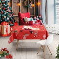 Detail of red Christmas tablecloth with Santa patterns in a cozy holiday living room - Bright Red Christmas Print (TQZB01-8)