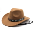 Chapeau de cowboy western classique en feutre kaki avec bandeau perlé et cordon réglable - M (56-58cm) / Kaki