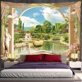 Detalle de un tapiz de pared de jardín clásico con arcos y decoración de mármol - 150x130cm / Fuente de jardín