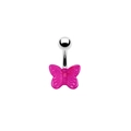 Detailed view of silver belly ring featuring a pink resin butterfly pendant on white backdrop - Pink Butterfly