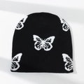 Bonnet d'hiver en tricot noir avec motif jacquard de papillon blanc élégant - Style 1(Papillon Noir et Blanc)