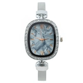 Women's oval watch with silver mesh band, gray marble dial, and rhinestone bezel - Black