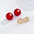 Red flocked stud earrings with gold Chinese character Fa Cai accents for Lunar New Year - 24# Silver Needle - Red Matte Gold Prosperity characters