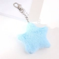 Detail shot of light blue plush star keychain with silver alloy chain and lobster clasp - Blue