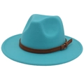 Chapeau fedora en laine bleu vif avec large bord et ruban décoratif en cuir brun - Bleu Lac (Bord Plat Corde Jaune)