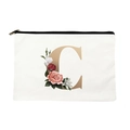White canvas makeup bag with golden letter C and floral rose pattern on white background - Letter C