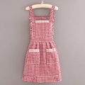 Canvas kitchen apron with red and white plaid pattern and stylish lace ruffle details - Cotton Double Layer Checkered - Wine Red