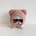 Rosa Baby Strickmütze für den Winter mit Bärenohren und Bindeband zum Fixieren - 3M-2J / Rosa