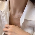 Silver pearl heart necklace and minimalist ring set shown on a white shirt model - Arc Bar Minimalist Style (XL2753)