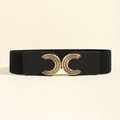 Elastic black wide waist belt featuring a vintage gold crescent-shaped metal buckle - Black