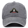 Close-up of pirate skull embroidery on washed grey cotton vintage baseball cap - Adjustable / Gray