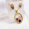 Detail of golden stainless steel necklace and earrings with colorful floral inlay - Set 2713 Gold Flower