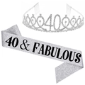 Silver 40th birthday set with 40 & Fabulous glitter sash and rhinestone tiara crown - Silver 40 & Fabulous Set