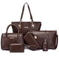 6-piece dark brown PU leather handbag set including tote and boston bag for women - Dark Brown