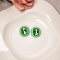 Elegant floral stud earrings featuring mint green base and emerald green rectangle crystal - Mint Green Base Emerald Gemstone Studs