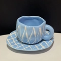 Handcrafted blue and white checkered ceramic coffee cup and saucer set with irregular edge - Blue Rhombus Cup & Saucer