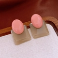 Detail of vintage gold-plated earrings with pink resin stone on wooden display tray - 12# Silver Pin-Pink