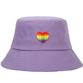 Close-up of rainbow heart embroidery detail on purple cotton canvas bucket hat - Purple